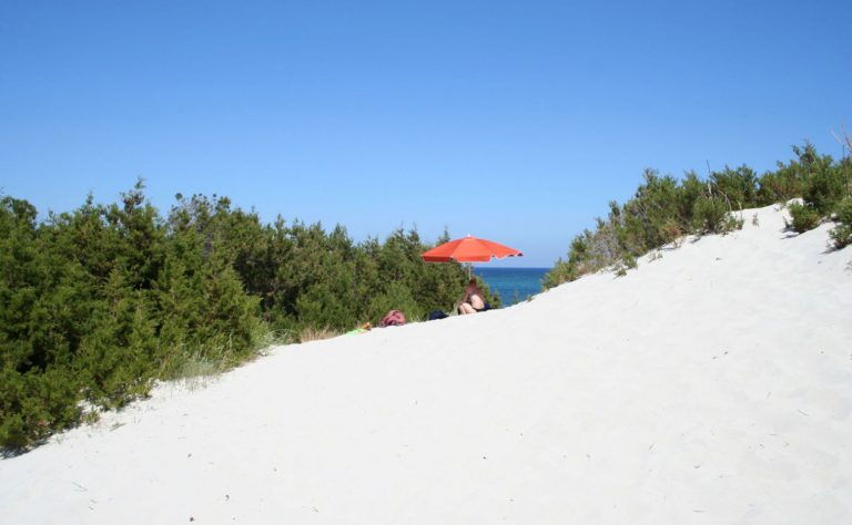 Der flach abfallende, feinkörnige Sandstrand von Capo Comino mit seiner imposanten Dünenlandschaft.